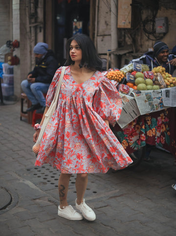 Floral Short Cotton Dress - Odhanon